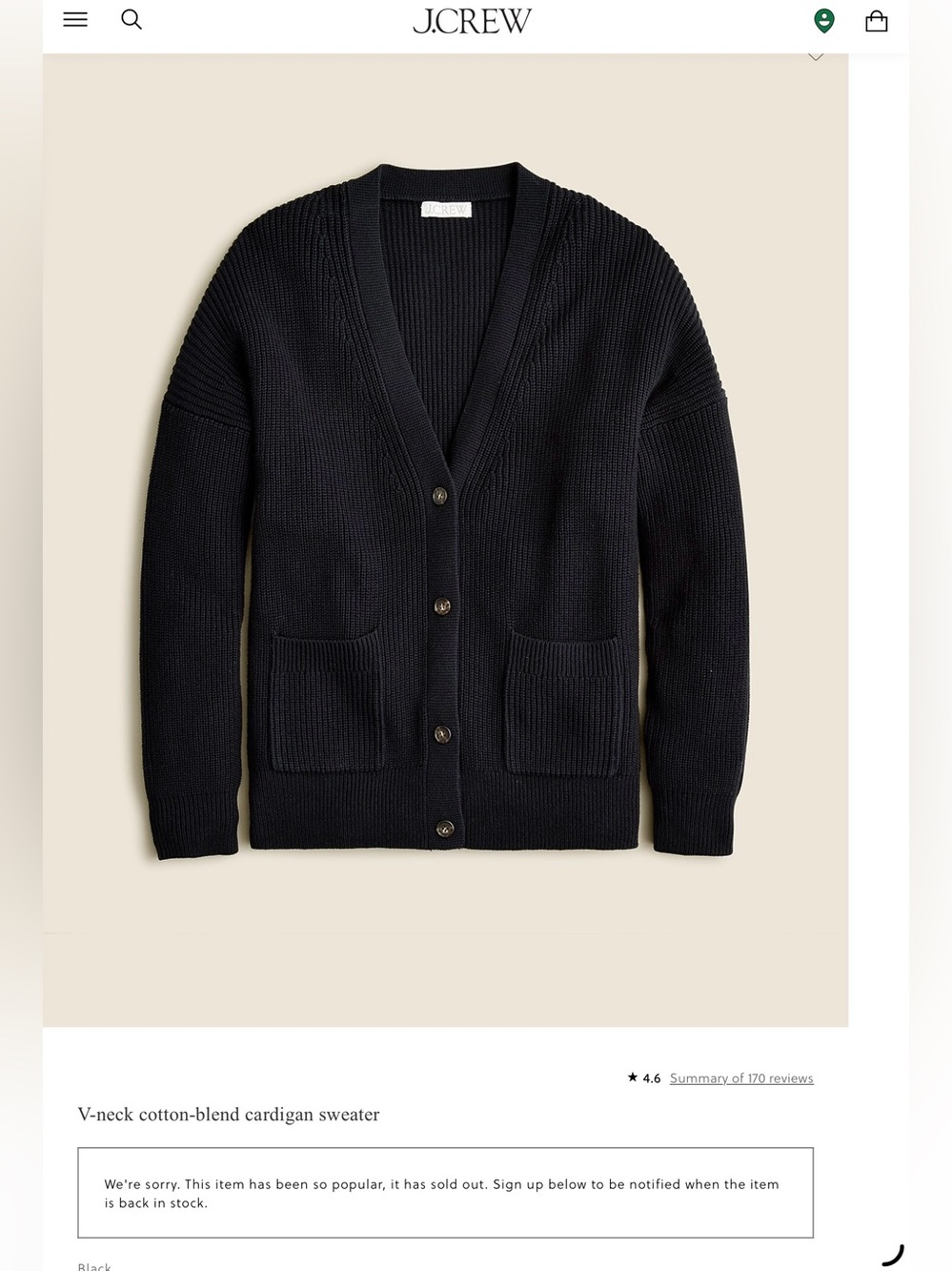 Size XL J. Crew Black V-Neck Cotton-Blend Cardigan